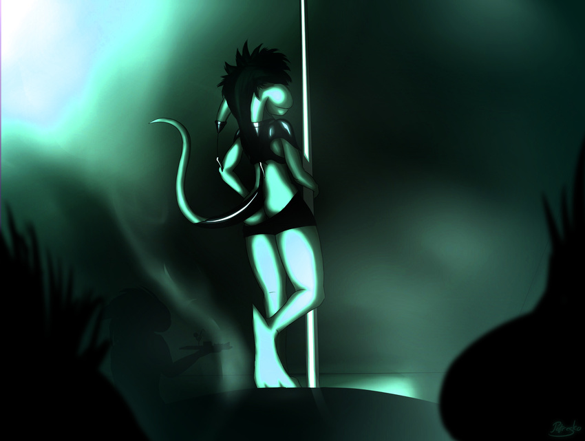 crowded dark_hair dokri ear_piercing faceless girly glowing hair long_hair long_tail male mist mohawk monochrome monster nude partially_clothed petresko piercing pole pole_dancer silhouette smoke solo stripper striptease underwear undressing unknown_species waiter