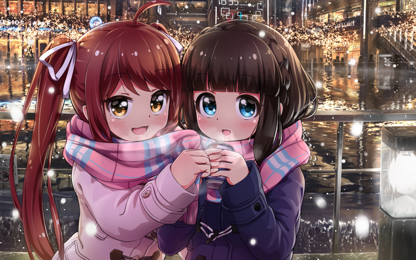 2girls absurdres ahoge asahina_kokomi battle_girl_high_school black_hair blush can coat commentary_request hair_ornament hasumi_urara heavy_breathing highres hime_cut lights long_hair looking_at_viewer multiple_girls open_mouth red_hair reflection scarf short_hair snowing tamanegi_(12030028) twintails winter_clothes winter_coat yellow_eyes