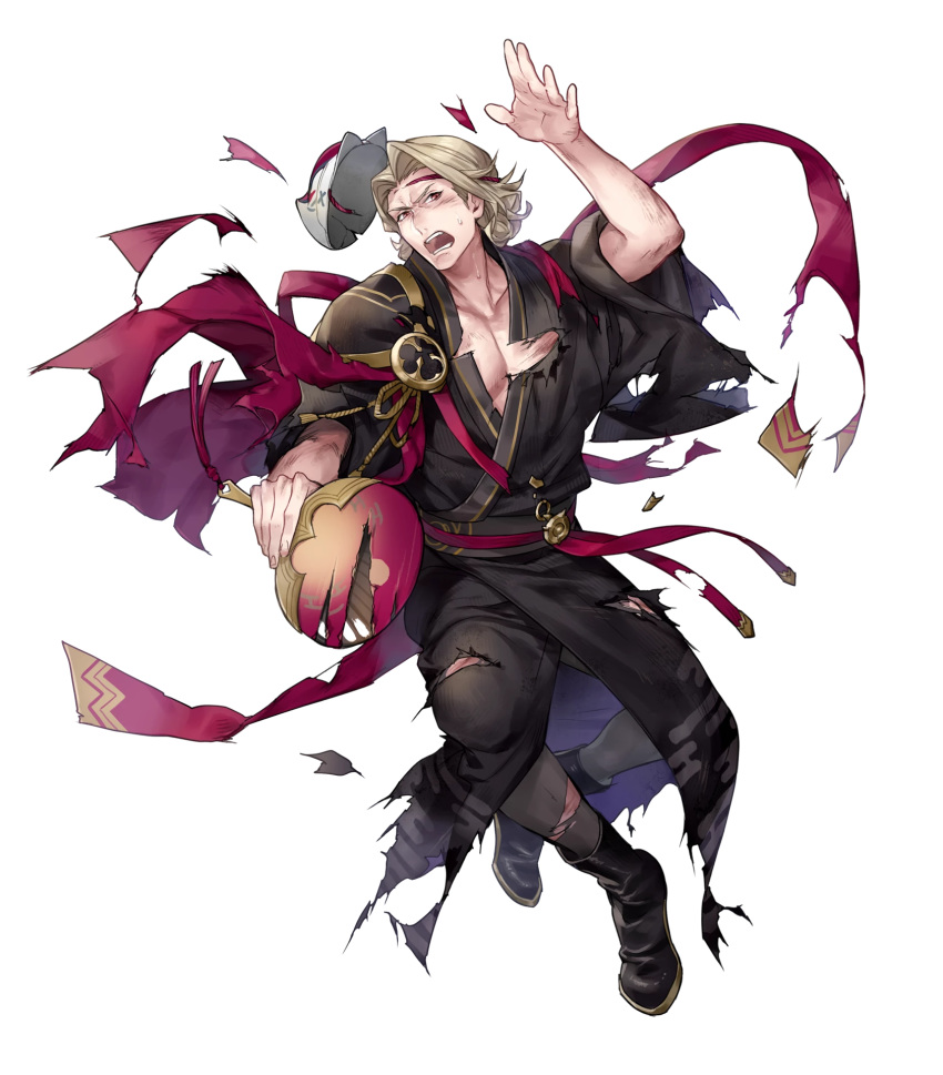 1boy alternate_costume blonde_hair boots fan fire_emblem fire_emblem_heroes fire_emblem_if full_body highres injury japanese_clothes kimono male_focus marks_(fire_emblem_if) mask mask_on_head nintendo official_art open_mouth p-nekor red_eyes teeth torn_clothes transparent_background
