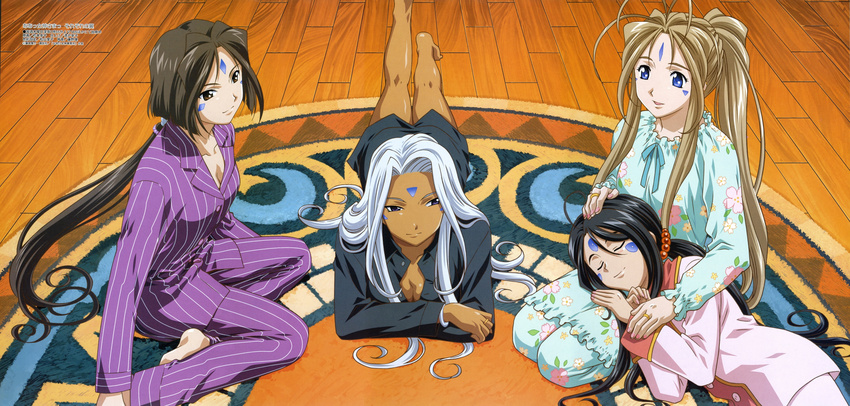 4girls 90s aa_megami-sama absurdres antenna_hair bangs bare_legs barefoot belldandy black_hair black_shirt blue_eyes breasts brown_eyes brown_hair buttons cleavage collarbone copyright_name dark_skin facial_mark feet female floor floral_print forehead forehead_mark frills goddess hair_between_eyes hair_bobbles hair_ornament hair_tie hand_on_head hands highres indoors jewelry kneepits lap_pillow legs light_smile long_hair long_image long_sleeves looking_at_another looking_at_viewer lying megami multiple_girls nail_polish no_bra official_art on_floor on_side on_stomach open_clothes open_shirt pajamas pants peorth pink_nails pink_shirt ponytail purple_eyes purple_pants purple_shirt ribbon ring rug scan seiza shiny shiny_hair shiny_skin shirt short_hair sitting skuld sleeping smile soles sugimoto_sachiko text twintails unbuttoned urd vertical_stripes very_long_hair wallpaper white_hair wide_image wooden_floor