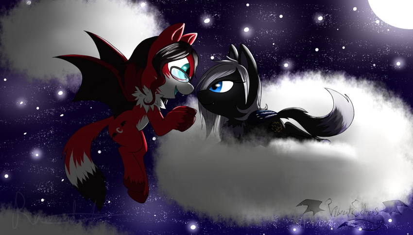 black_fur black_hair canine cloud collaboration cutie_mark equine eyewear fangs feral fox fur glasses hair hooves horse hybrid mammal moon night nude open_mouth pegasus pony rammdark_(artist) rammdark_(fursona) red_fur sky stars tongue vibrantechoes vibrantechoes_(fursona) white_hair wings