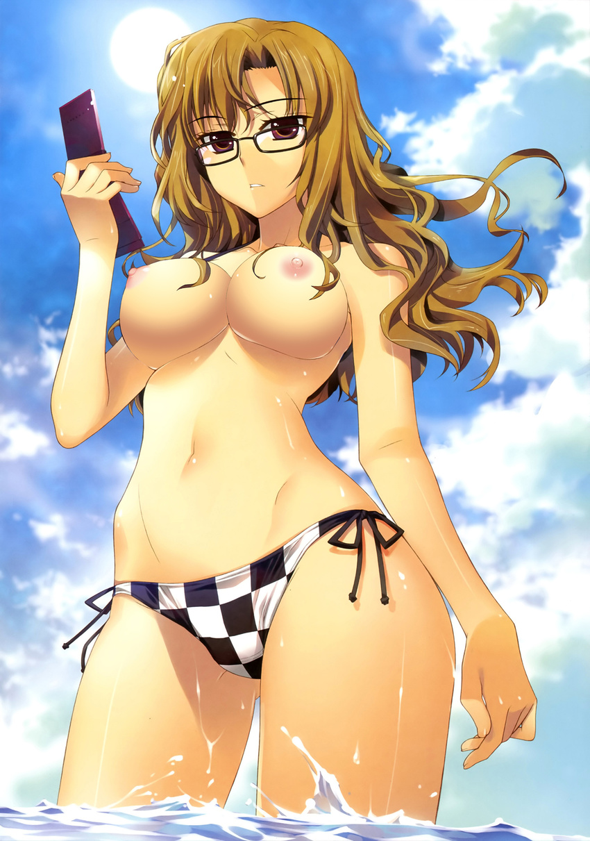 1girl areolae arms bangs bare_shoulders bikini bikini_bottom blue_sky breasts brown_eyes brown_hair cellphone checkered checkered_bikini cleavage cloud collarbone expressionless female fingernails floating_hair fujima_takuya glasses hands highres hips holding kiryuu_moeka long_hair long_image looking_at_viewer mound_of_venus navel nipples nude_filter ocean outdoors parted_lips phone photoshop pink_nipples shade shiny shiny_skin side-tie_bikini sky solo steins;gate sun swimsuit tall_image thigh_gap thighs topless wading water wavy_hair wet wind