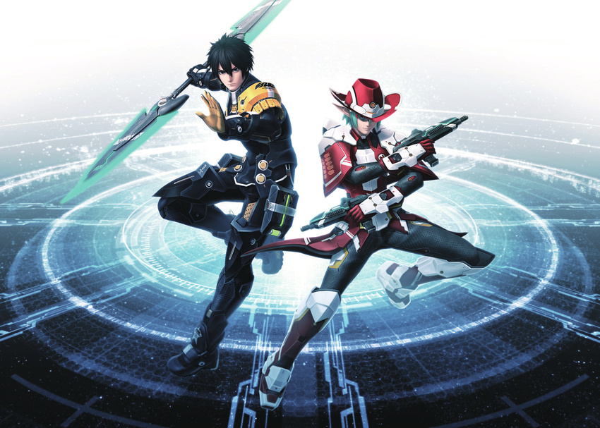 armor chic_jaeger close_quarter cowboy_hat dual_wielding extended_magazine fighting_stance gun hat highres holding multiple_boys phantasy_star phantasy_star_online_2 pointy_ears standing standing_on_one_leg weapon