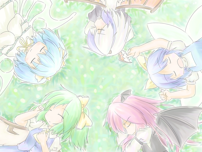 arms_up ascot bat_wings blue_hair bow character_request child daiyousei dress fairy_wings frills from_above gorz grass green_hair hair_bow hands_on_own_chest head_wings horns juliet_sleeves koakuma long_hair long_sleeves lying multicolored_hair multiple_girls on_back on_side on_stomach open_mouth puffy_short_sleeves puffy_sleeves rain_fairy red_hair short_hair short_sleeves short_twintails side_ponytail single_wing sleeping sleeves_past_wrists sunflower_fairy tokiko_(touhou) touhou twintails two-tone_hair white_dress white_hair wings