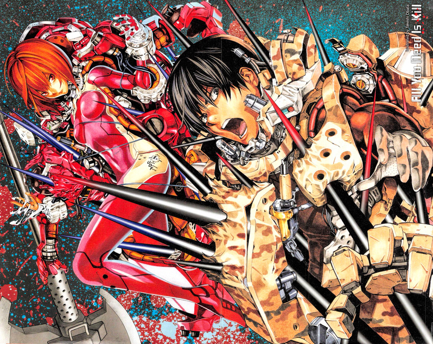 1girl all_you_need_is_kill axe battle_axe black_hair bodysuit cannon copyright_name covered_navel gloves highres kiriya_keiji looking_at_viewer machinery obata_takeshi open_mouth orange_eyes orange_hair rita_vrataski short_hair skin_tight source_request spikes teeth toned toned_male turret weapon wristband