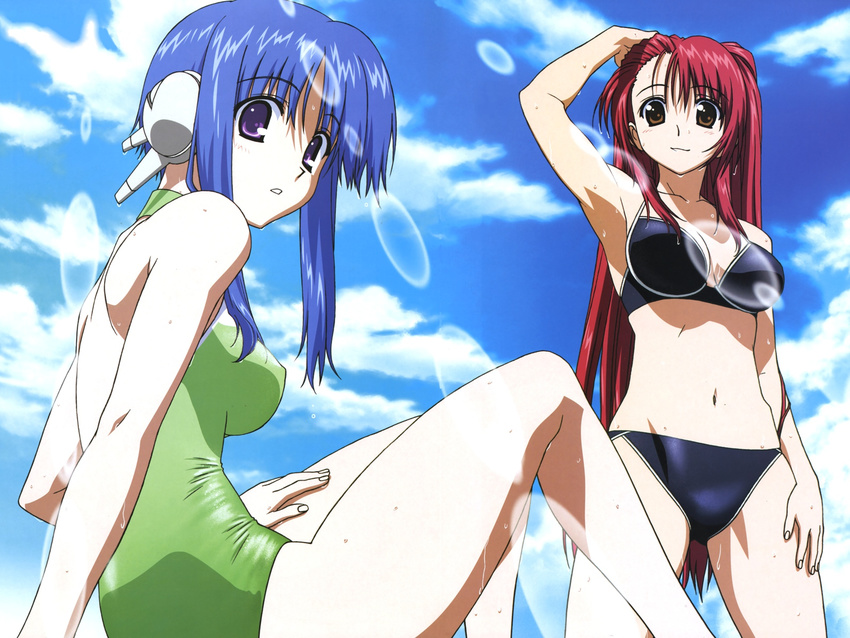 2girls android arm_behind_head arm_up armpits back bangs bare_shoulders bikini black_bikini blue_hair blue_sky breasts brown_eyes cleavage cloud collarbone fingernails green_swimsuit hair_between_eyes halterneck hand_on_thigh hands hips ilfa knees_together_feet_apart kousaka_tamaki legs long_hair looking_at_viewer looking_back megami mound_of_venus multiple_girls navel official_art one-piece_swimsuit outdoors parted_lips payot purple_eyes red_hair robot_ears shiny shiny_hair sidelocks sitting skindentation sky smile standing swimsuit thigh_gap thighs to_heart_2 wallpaper wet yanagisawa_masahide
