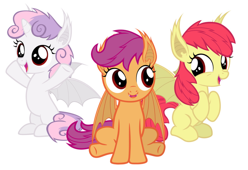 animal_ears apple_bloom_(mlp) bat_pony cute cutie_mark_crusaders_(mlp) equine fangs female feral friendship_is_magic fur group hair horn magister39 mammal my_little_pony open_mouth plain_background pointy_ears purple_hair red_eyes scootaloo_(mlp) sitting smile solo sweetie_belle_(mlp) transparent_background two_tone_hair vampire white_fur winged_unicorn wings