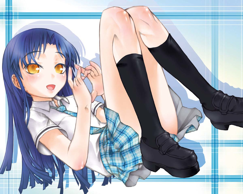 bangs blue_hair blunt_bangs blush brown_eyes foreshortening heart heart_hands idolmaster idolmaster_(classic) idolmaster_live_for_you! kakashichi kisaragi_chihaya kneehighs laughing legs long_hair lying miniskirt necktie open_mouth plaid plaid_skirt pleated_skirt rough_time_school school_uniform shadow shoes skirt smile socks solo yellow_eyes