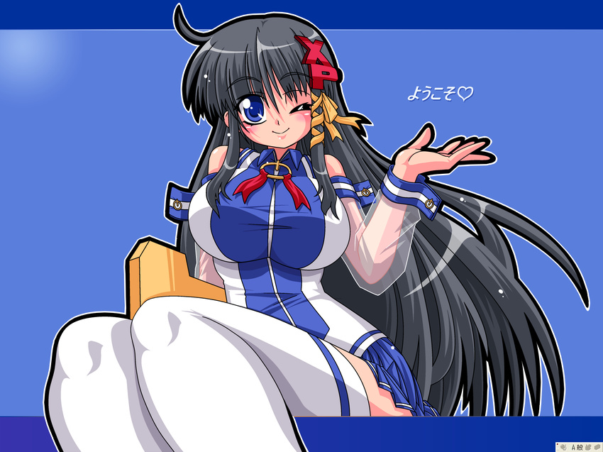 black_hair blue_eyes blue_skirt blush breasts detached_sleeves great_magami hair_ornament heart highres large_breasts long_hair one_eye_closed os-tan see-through_sleeves skirt solo thighhighs translation_request xp-tan