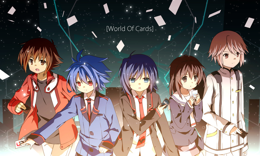 4boys blue_eyes blue_hair brown_eyes brown_hair card cardfight!!_vanguard commentary_request crossover english future_card_buddyfight highres holding holding_card jacket jiang-ge kominato_ruuko long_hair long_sleeves multiple_boys multiple_crossover necktie open_clothes open_jacket open_mouth pants pink_eyes pink_hair red_eyes ryuuenji_tasuku school_uniform selector_wixoss sendou_aichi short_hair skirt tennouji_asuka trait_connection wixoss yuu-gi-ou yuu-gi-ou_gx yuuki_juudai z/x