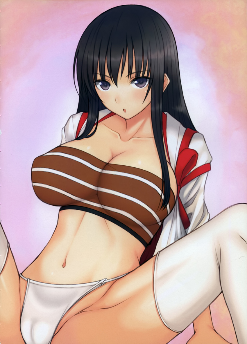 :o absurdres akagi_(kantai_collection) arm_support bandeau black_eyes black_hair breasts cameltoe cleavage covered_nipples dougi highres japanese_clothes kamimiya kantai_collection kimono large_breasts long_hair looking_at_viewer navel non-web_source open_clothes open_kimono shiny shiny_skin solo spread_legs strapless string_panties thighhighs white_legwear