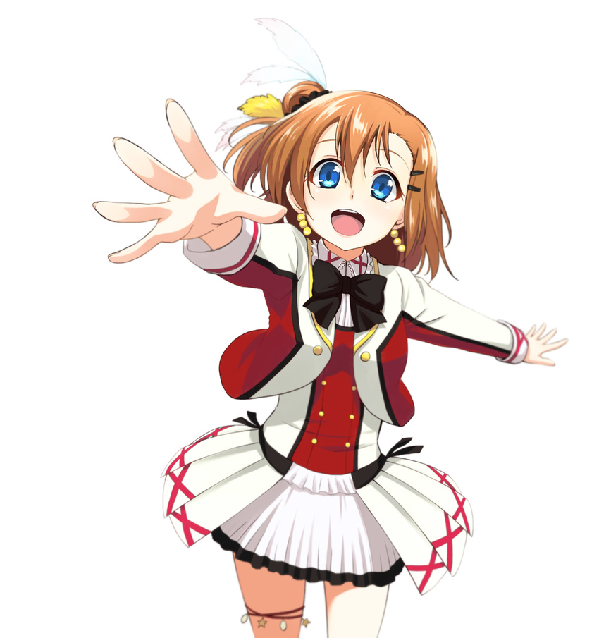 :d blue_eyes bow brown_hair earrings hair_ornament hairclip highres jewelry kousaka_honoka looking_at_viewer love_live! love_live!_school_idol_project nanotsuki one_side_up open_mouth short_hair simple_background skirt smile solo sore_wa_bokutachi_no_kiseki white_background