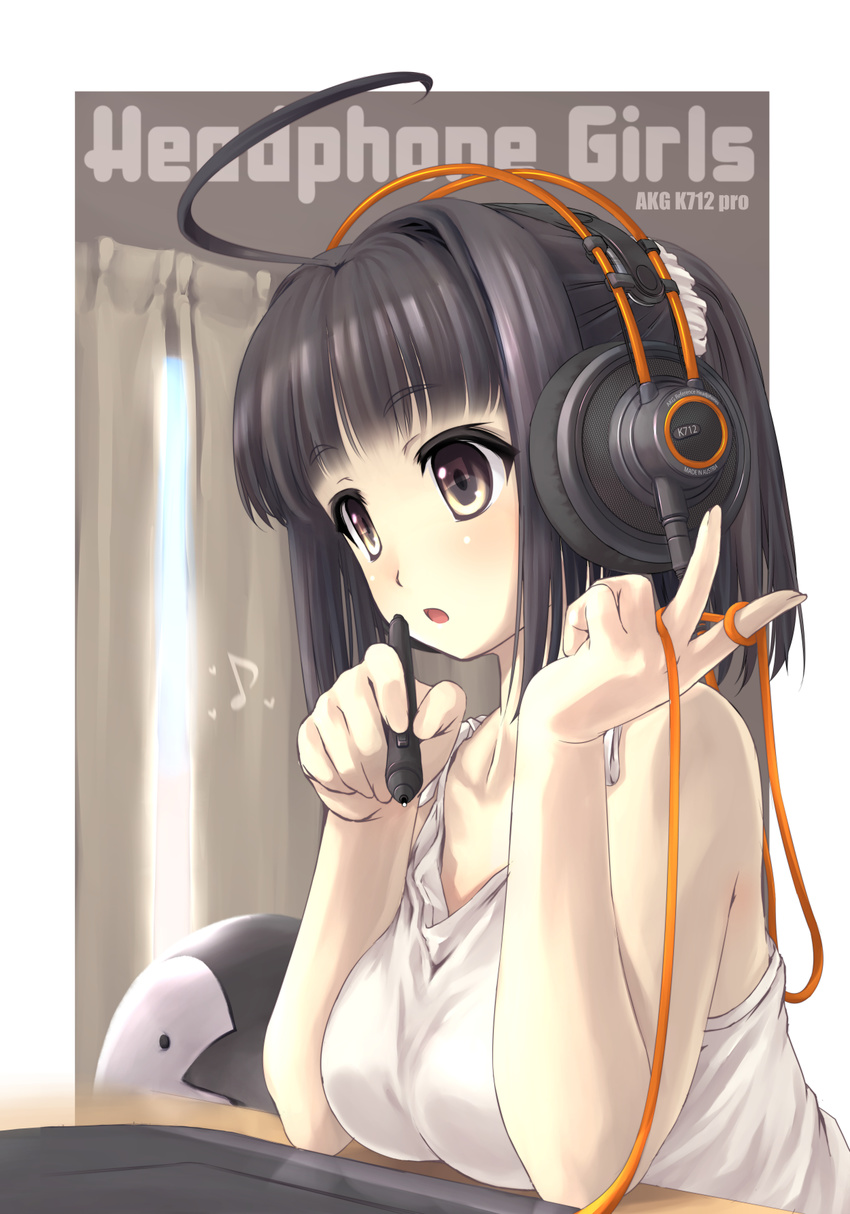 ahoge akg bird black_hair blush breasts brown_eyes eighth_note headphones highres k712 large_breasts long_hair mao_(6r) musical_note original penguin ponytail sitting solo stylus tablet tank_top wacom