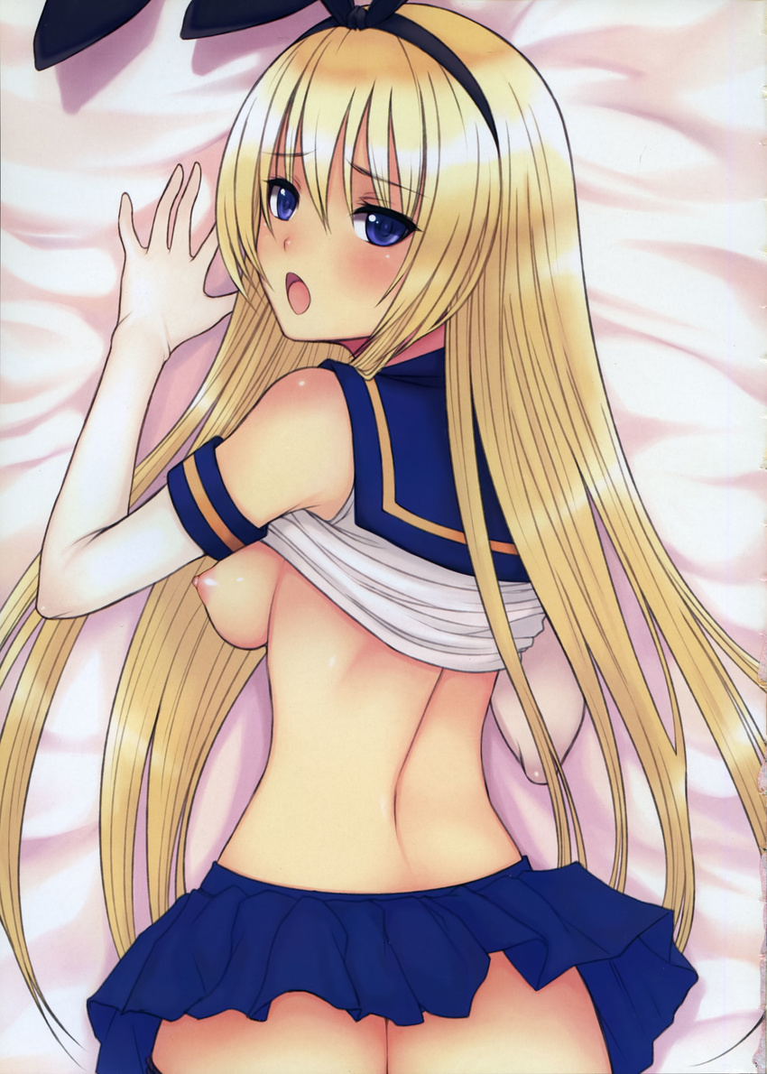 absurdres ass blonde_hair blue_eyes body_blush bow breasts elbow_gloves gloves hair_bow highres kamimiya kantai_collection long_hair looking_at_viewer looking_back lying medium_breasts nipples no_bra on_stomach open_mouth shimakaze_(kantai_collection) shiny shiny_skin shirt_lift skirt skirt_lift solo