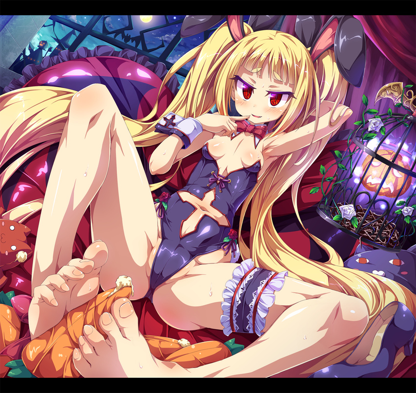 animal_ears arm_behind_head arm_up armpits bare_legs barefoot blazblue blonde_hair bow bowtie breasts bunny_ears cameltoe detached_collar feet finger_to_mouth full_body gii hair_ribbon highres implied_footjob leg_garter leotard letterboxed long_hair navel navel_cutout partially_visible_vulva pumpkin rachel_alucard red_bow red_eyes ribbon sexually_suggestive shiny shiny_skin sitting small_breasts smile toes toraishi_666 twintails wrist_cuffs