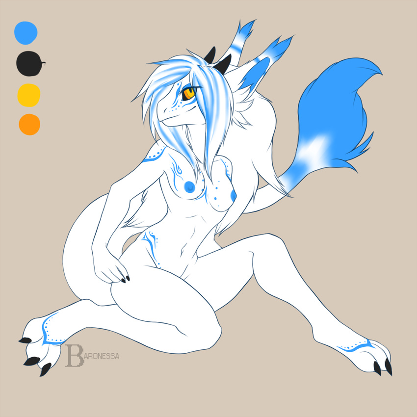 3_toes 5_fingers anthro barefoot baronessa black_nails blue_fur blue_hair breasts claws dragon female fingers fur hair hands horn long_hair looking_at_viewer markings multi-colored_hair nipples nude orange_eyes plain_background scalie sitting smile solo toes white_fur white_hair