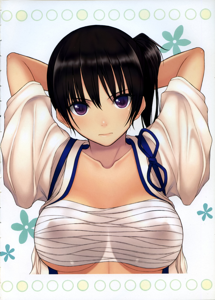 :| absurdres arms_up black_hair breasts closed_mouth covered_nipples dougi highres japanese_clothes kaga_(kantai_collection) kamimiya kantai_collection kimono large_breasts open_clothes open_kimono purple_eyes sarashi side_ponytail solo