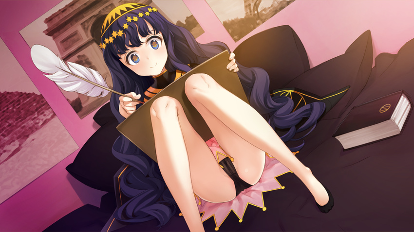 1girl black_panties blue_eyes blush book character_request drawing eiyu_senki_gold eiyuu_senki eiyuu_senki_gold feather feathers feet game_cg highres legs long_hair nostradamus_(eiyuu_senki) ooyari_ashito panties pillow purple_hair shoes sitting smile solo star star-shaped_pupils symbol-shaped_pupils tenco thighs underwear