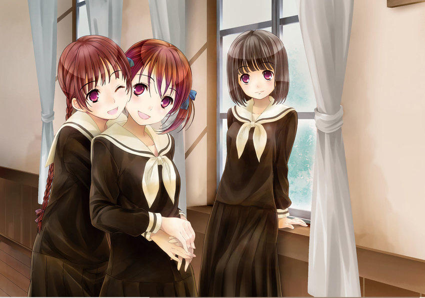 bad_id bad_pixiv_id black_hair bob_cut braid brown_hair curtains friends fukuzawa_yumi holding_hands hug iizuka_ena indoors long_hair maria-sama_ga_miteru multiple_girls nijou_noriko one_eye_closed purple_eyes room school_uniform serafuku shimazu_yoshino touching twintails wainscoting window