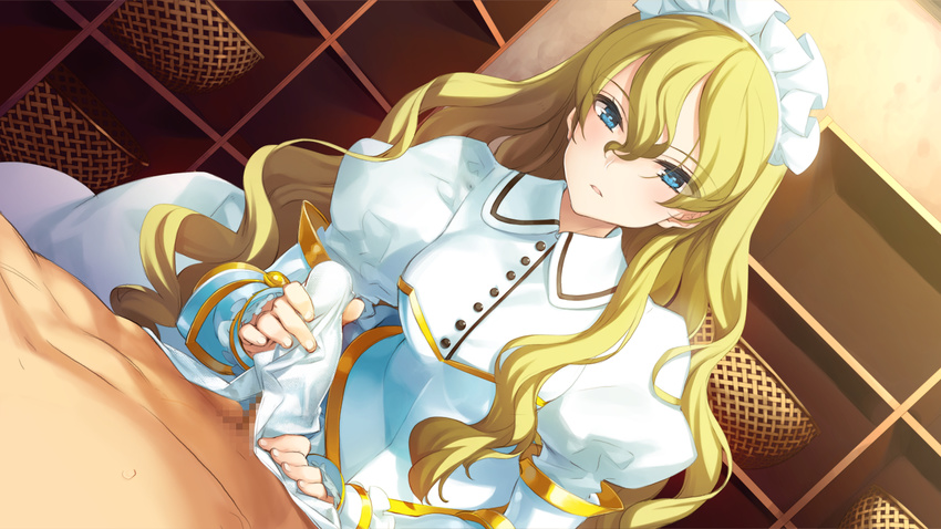 1girl basket bed blonde_hair blush breasts censored character_request eiyu_senki_gold eiyuu_senki eiyuu_senki_gold game_cg handjob highres kay_(eiyuu_senki) long_hair looking_down lying maid maid_headdress medium_breasts ooyari_ashito penis sitting tenco wavy_hair