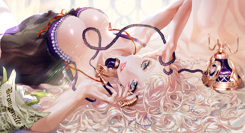 absurdres bad_id bad_pixiv_id blonde_hair blue_eyes breasts cleavage corded_phone fingernails highres large_breasts light_smile lips long_hair looking_at_viewer lying macross macross_frontier nail_polish newspaper on_back parted_lips pearl phone rotary_phone rukiana sheryl_nome solo sunlight