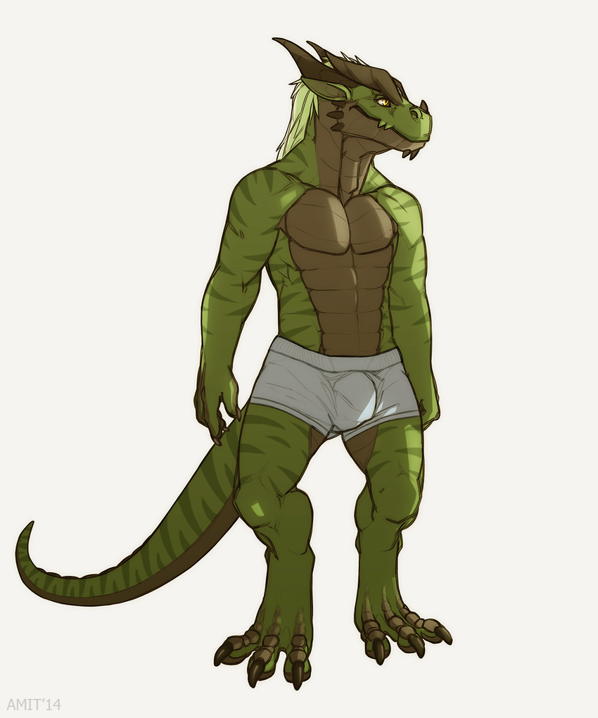 abs amit anthro biceps big_feet boxers brown_skin bulge claws digitigrade dragon green_hair green_skin grin hair horn male markings muscles paws pecs plain_background pointy_ears pose reptile scales scalie smile solo standing teeth tharis toe_claws toned topless two_tone_skin underwear white_background yellow_eyes