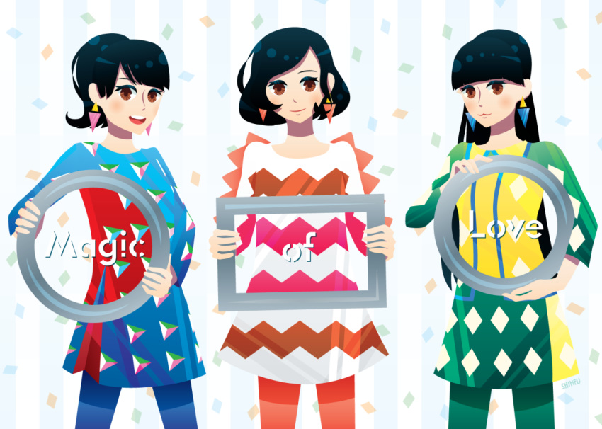 3girls :3 a~chan black_hair blue_dress blue_legwear commentary dress english_commentary green_legwear kashiyuka long_hair multiple_girls nocchi_(perfume) open_mouth orange_legwear pantyhose perfume round_teeth short_hair smile stephanie_shih teeth