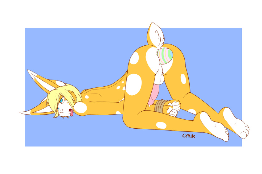 balls blonde_hair cum cynik egg erection freckles hair hindpaw lagomorph lapine male mammal paws penis rabbit raised_tail rope solo tongue