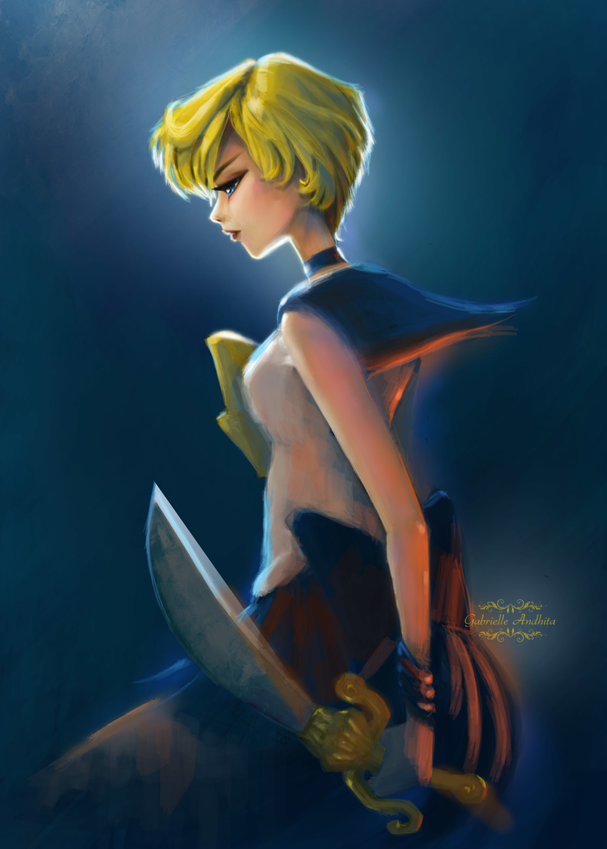 absurdres artist_name back_bow backlighting bishoujo_senshi_sailor_moon blade blonde_hair blue_choker blue_eyes blue_sailor_collar bow choker dark from_side gabrielle_andhita highres sailor_collar sailor_senshi_uniform sailor_uranus short_hair solo space_sword ten'ou_haruka very_short_hair yellow_bow