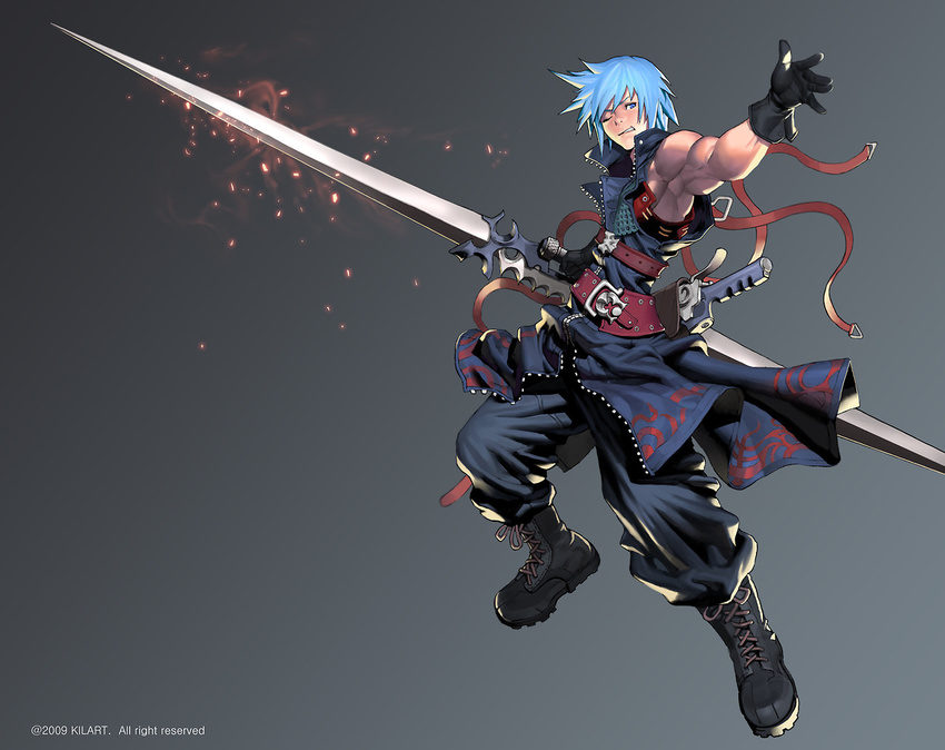 bad_id bad_tumblr_id baggy_pants belt black_gloves blue_eyes blue_hair boots combat_boots double-blade gloves huge_weapon kilart muscle original pants short_hair solo sword weapon