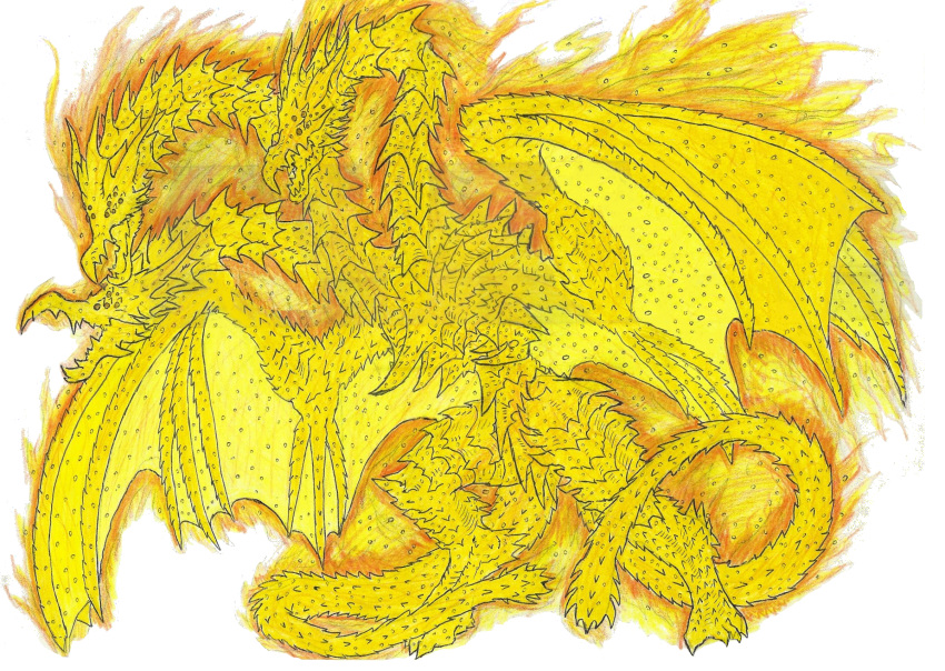 aura beastrider9 claws dragon dragon_horns extra_eyes ghidorah_(godzilla:_the_planet_eater) glowing glowing_eyes godzilla:_the_planet_eater godzilla_(series) gold highres horns kaijuu king_ghidorah monster multiple_heads no_humans open_mouth red_eyes scales sharp_teeth tail teeth tokusatsu wings