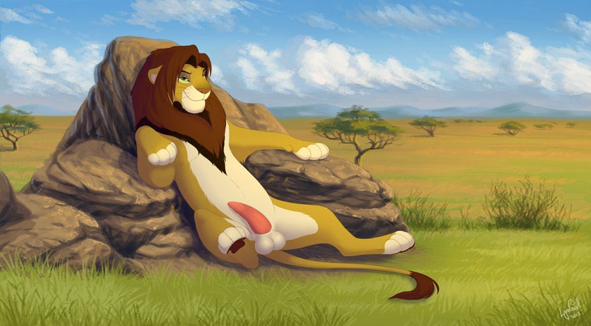 bedroom_eyes disney erection feline feral grass lion looking_at_viewer male mammal nude outside penis reallynxgirl reclining savannah sheath solo the_lion_king tree zilvus