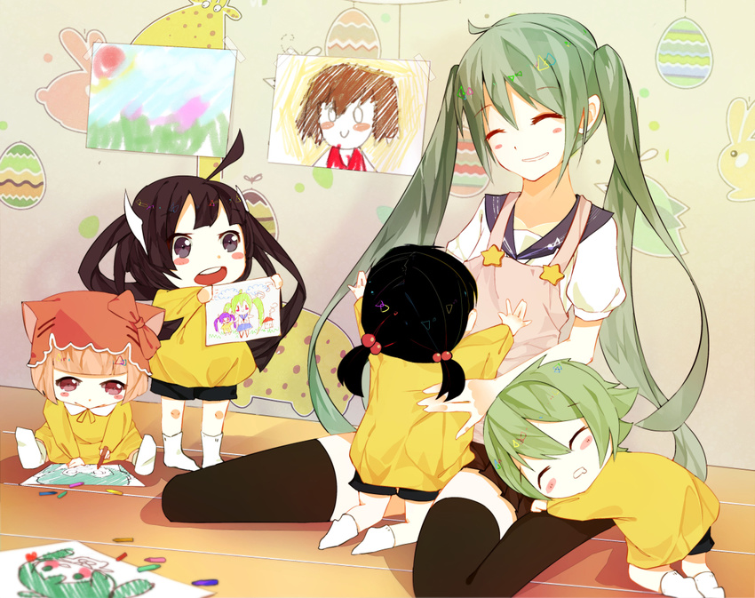 4girls :&gt; ahoge anna_(anna1997) apron bad_id bad_pixiv_id child_drawing closed_eyes crayon drawing green_hair hatsune_miku kaai_yuki kindergarten_uniform kneeling long_hair multiple_girls nekomura_iroha open_mouth ryuuto_(vocaloid) short_hair sitting skirt smile socks thighhighs tone_rion twintails very_long_hair vocaloid wariza younger