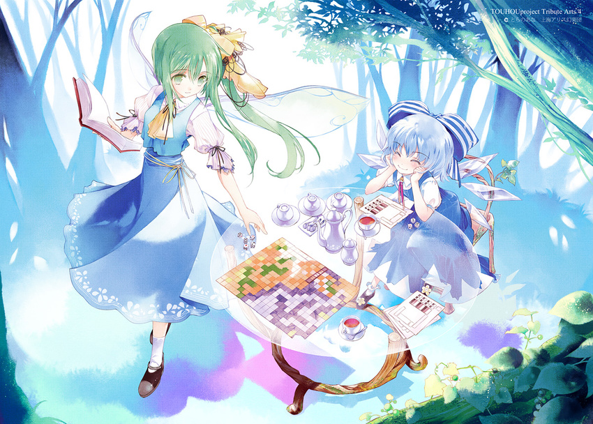 blue_hair bow cirno closed_eyes daiyousei dice dress green_eyes green_hair hair_bow ice ice_wings long_hair multiple_girls open_mouth playing_games ribbon short_hair side_ponytail smile sumi_keiichi table touhou wings