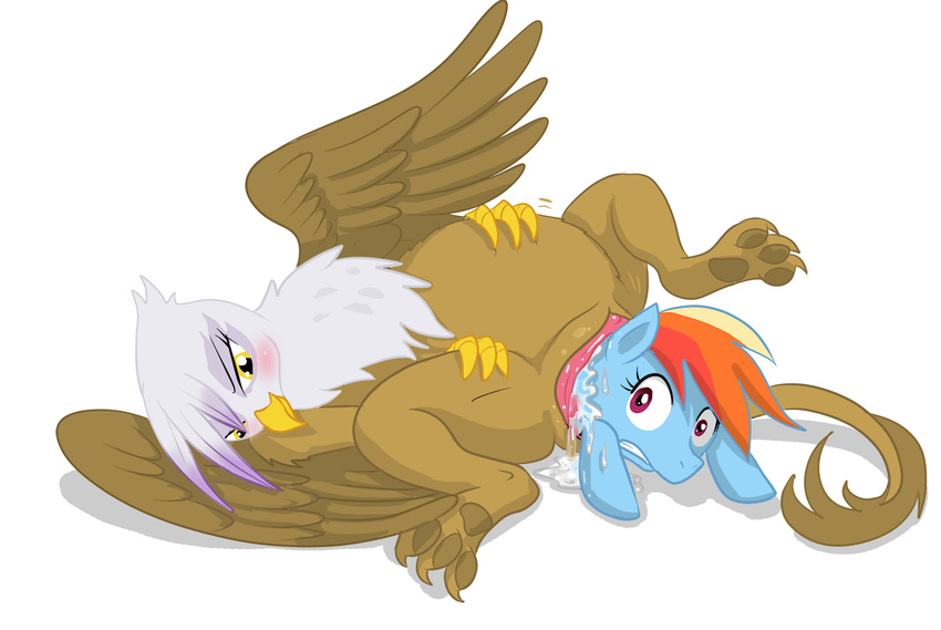 avian beak blue_fur blush brown_fur duo equine feathers female feral friendship_is_magic fur gilda_(mlp) gryphon hair hindpaw interspecies lesbian lying mammal multi-colored_hair my_little_pony on_back paws plain_background purple_eyes pussy pussy_juice rainbow_dash_(mlp) rainbow_hair shadow spread_legs spreading themirth unbirthing vore white_background white_fur wings