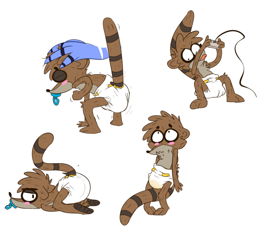 anthro cartoon_network clothed clothing diaper feces infantilism male mammal messing mordecai multiple_scenes peeing pooping procyonid raccoon regular_show rigby simple_background solo topless urine wetting white_background