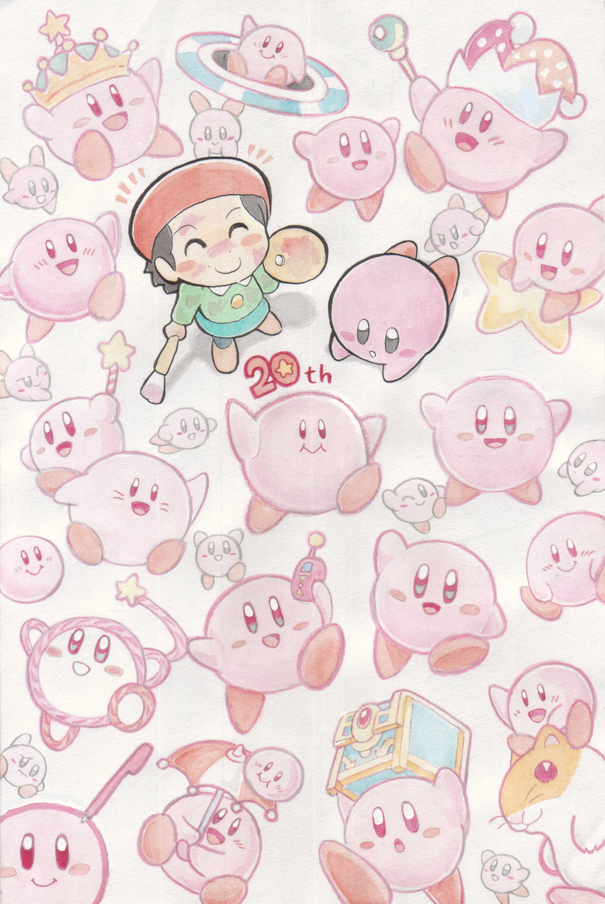 :d adeleine anniversary art_brush blush_stickers copy_ability crown english from_above hamster highres kirby kirby's_dream_land kirby's_epic_yarn kirby_(series) kirby_64 kirby_and_the_amazing_mirror kirby_canvas_curse kirby_super_star md5_mismatch oda_takashi open_mouth paintbrush palette revision rick_(kirby) scepter smile standing star treasure_chest umbrella wand