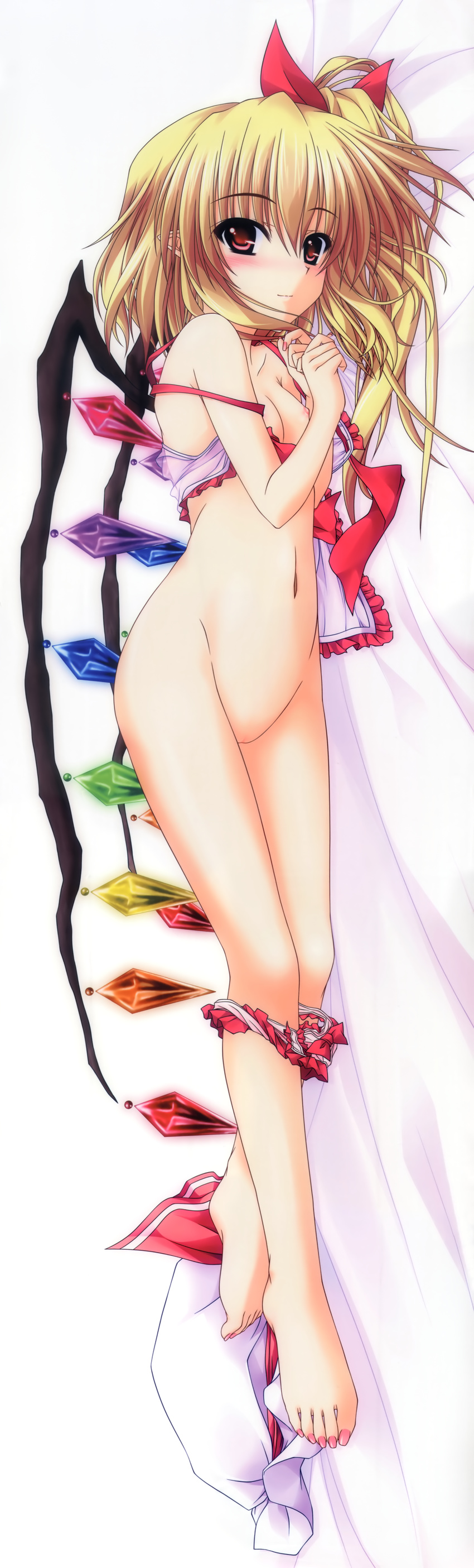 absurdres aoi_hiro babydoll barefoot bed bed_sheet blonde_hair blush bow bow_panties breasts dakimakura feet flandre_scarlet frilled_panties frills from_side full_body highres huge_filesize legs light_smile lingerie long_legs looking_at_viewer lying nail_polish nipple_slip nipples on_bed on_side panties panty_pull pink_panties pointy_ears pussy side_ponytail small_breasts solo spaghetti_strap toe-point toe_scrunch toenail_polish toes touhou underwear underwear_only wings