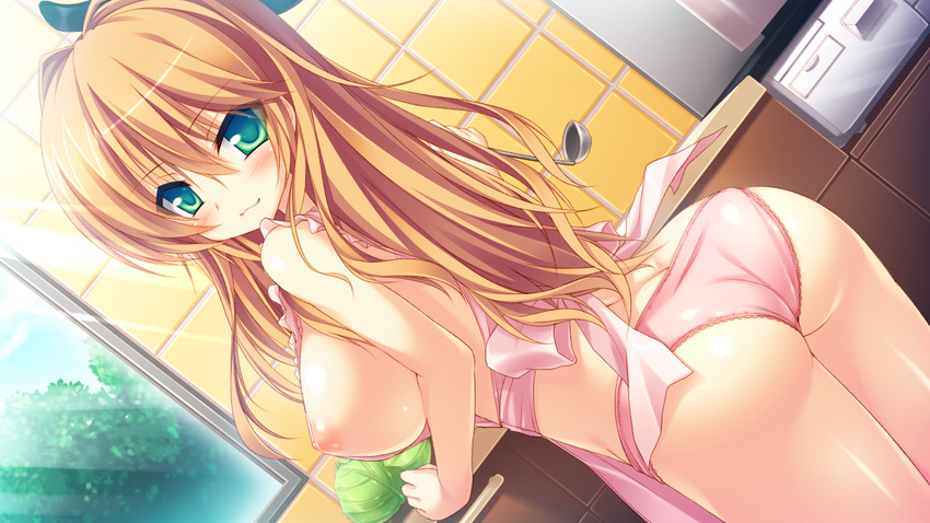 :3 amatarasu_riddle_star apron ass blush breasts brown_hair cabbage clenched_hand dutch_angle game_cg green_eyes hatta_madori holding kitchen lace lace-trimmed_panties ladle large_breasts long_hair looking_at_viewer looking_back nearly_naked_apron nipples panties pink_panties smile solo syroh tsurime underwear window