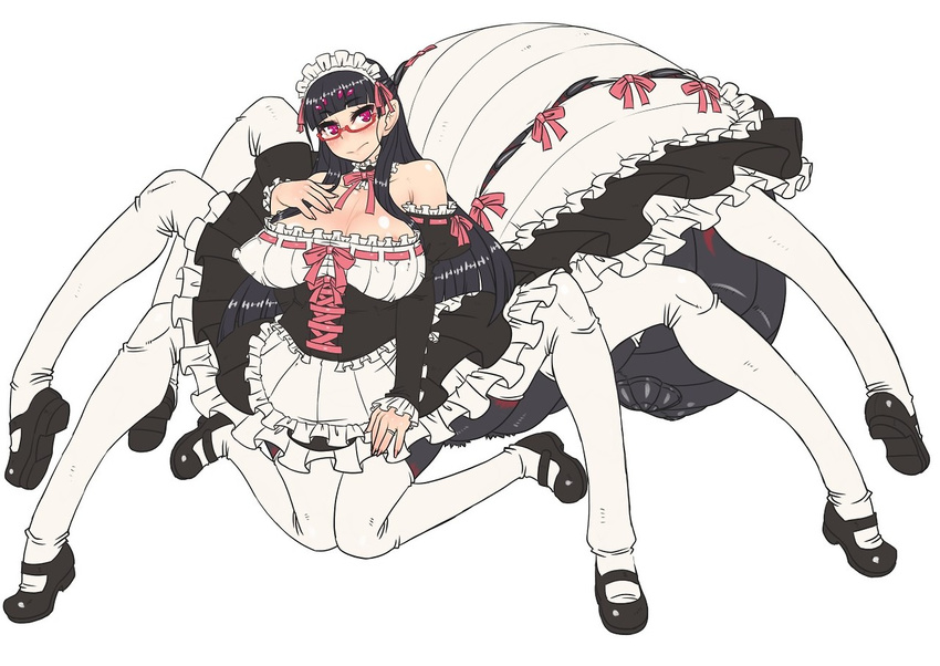 1girl bare_shoulders blush breasts choker cleavage corset covered_nipples detached_sleeves embarrassed engagement_ring erect_nipples extra_eyes frills glasses huge_breasts insect_girl jewelry jon_henry_nam knees_together_feet_apart large_breasts long_hair maid_headdress mary_janes monster_girl original purple_eyes red-framed_glasses ribbon ring semi-rimless_glasses shoes solo spider_girl thighhighs under-rim_glasses wedding_band white_legwear