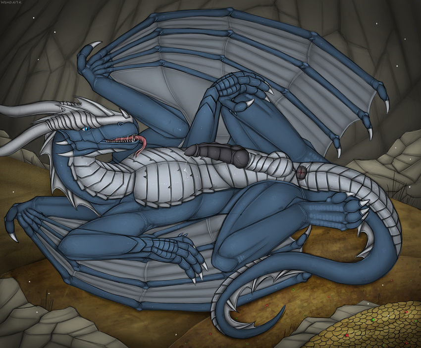 balls blue_eyes claws dragon gold horn lying on_back penis rumiir scalie sheath tongue tongue_out treasure wemd wings