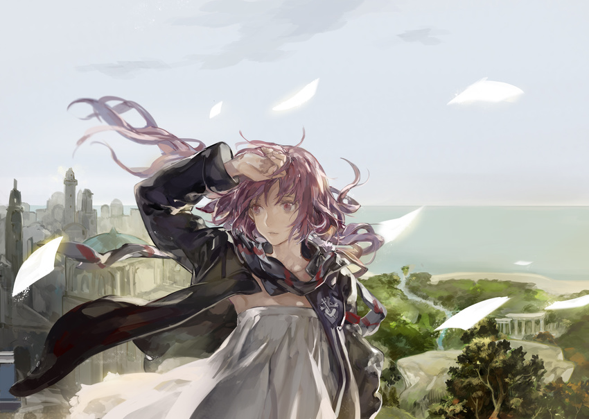 building dress ibaraki long_hair paper pink_eyes pink_hair pixiv_fantasia scarf