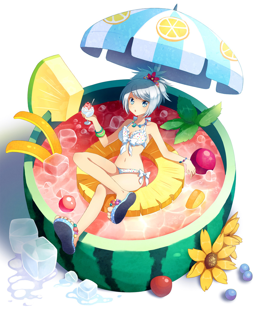 beach_umbrella bikini bracelet cup flower food front-tie_top fruit fruit_cup hair_flower hair_ornament highres ice in_container in_cup in_food jewelry legs mauve minigirl navel necklace original parasol pineapple polka_dot polka_dot_bikini polka_dot_swimsuit ponytail sandals side-tie_bikini solo swimsuit tropical_drink umbrella watermelon