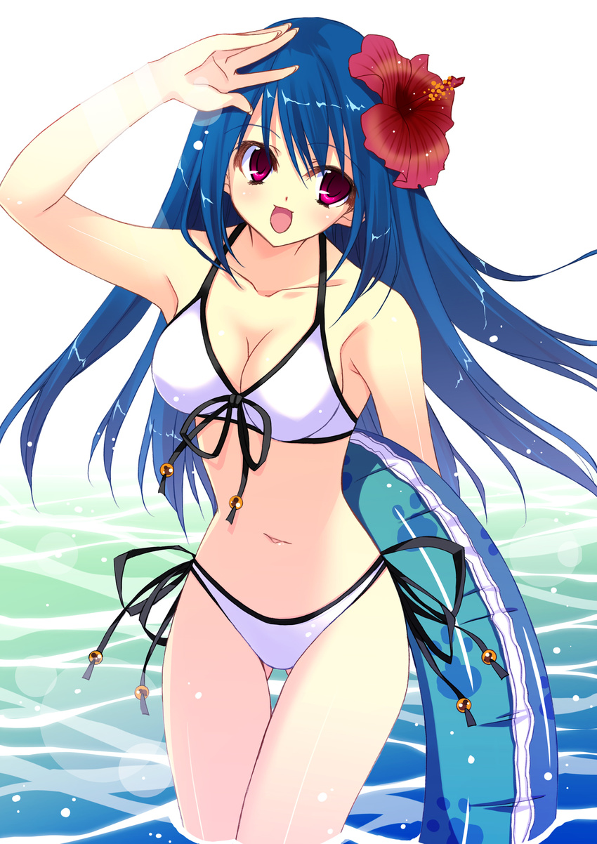 bad_id bad_pixiv_id bikini flower hibiscus highres innertube kobayashi_chisato long_hair original red_eyes salute solo swimsuit wading water