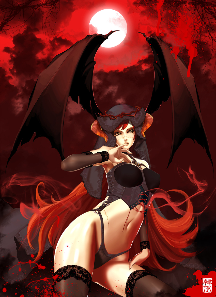 black_eyes blood corset crown_of_thorns cuts demon_girl detached_sleeves finger_to_mouth full_moon head_wings highres horns injury lace lingerie long_hair midriff mole mole_under_eye moon navel original panties red_hair red_sky scar sky solo stitches succubus thighhighs ukero underwear very_long_hair wings