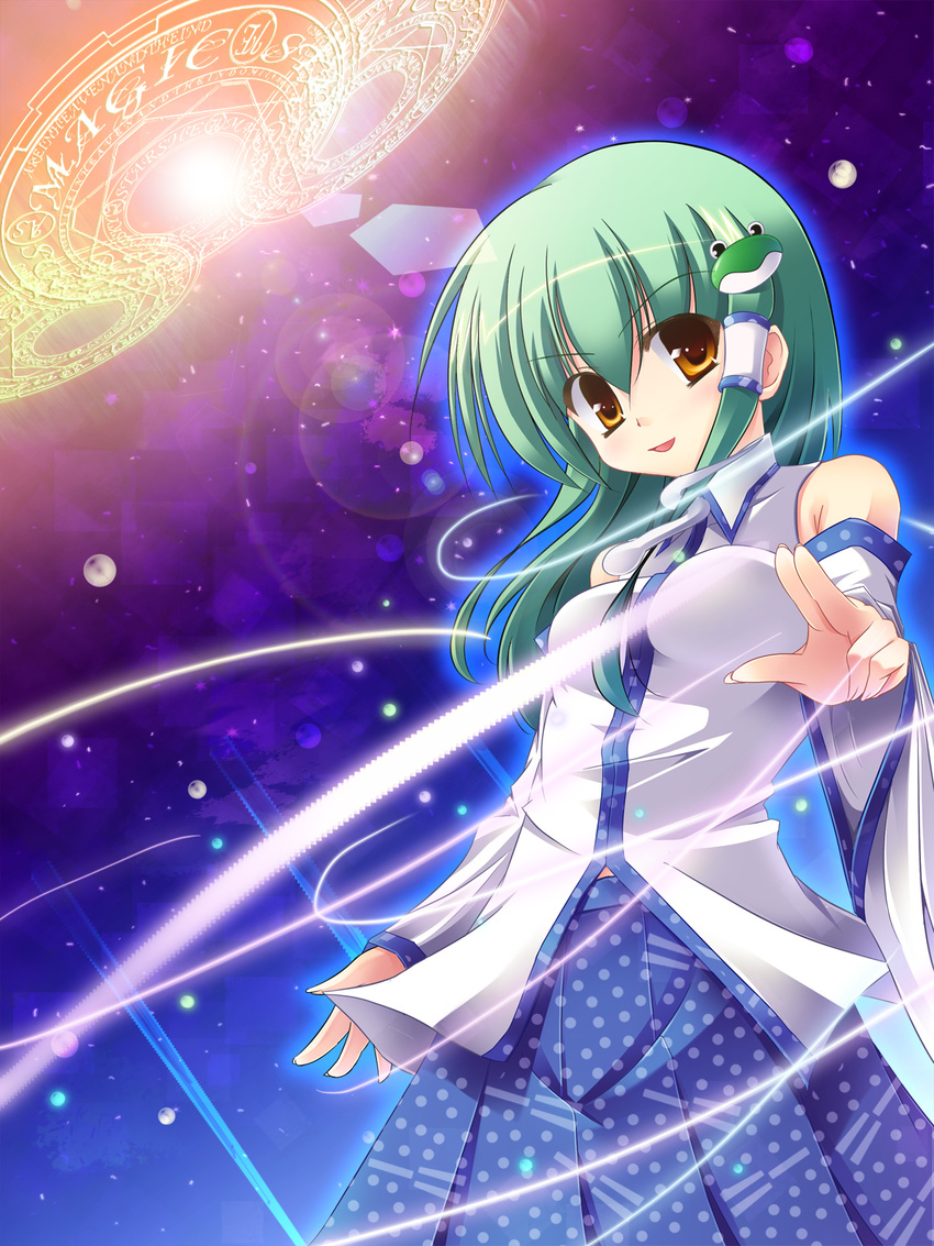 bad_id bad_pixiv_id detached_sleeves frog green_hair hair_ornament highres kochiya_sanae long_hair magic_circle runa7 snake solo touhou yellow_eyes