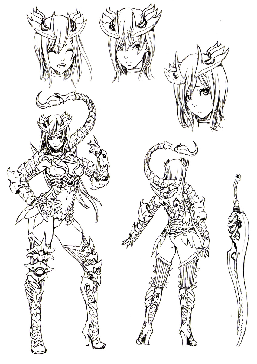 absurdres armor armored_boots armpits ass bangs boots breasts character_sheet choker cleavage cleavage_cutout closed_eyes closed_mouth collarbone contrapposto copyright_request criss-cross_halter elbow_gloves expressions facing_viewer fake_tail fingerless_gloves fingernails from_behind full_body gloves greaves hair_between_eyes hair_ornament halterneck hand_on_hip hand_up headgear high_heel_boots high_heels highres legs_apart leotard light_smile lineart long_fingernails long_hair medium_breasts monochrome multiple_views navel navel_cutout open_mouth parted_bangs portrait raised_eyebrows scorpion_tail short_hair shoulder_armor simple_background smile spaulders spikes standing straight_hair sword tail thighhighs turnaround upper_teeth v-shaped_eyebrows vambraces weapon yamashita_shun'ya