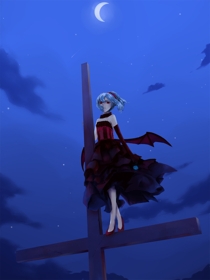 alternate_costume alternate_hairstyle bat_wings blue_hair cloud crescent_moon cross dress goocn highres moon night night_sky ponytail red_eyes remilia_scarlet shooting_star short_hair sky solo touhou wings