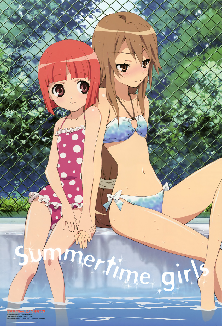 3: absurdres akai_ringo_(ookami-san) bangs barefoot bikini blunt_bangs blush bob_cut bow brown_eyes brown_hair casual_one-piece_swimsuit chain-link_fence crossed_legs day embarrassed fence flat_chest frilled_swimsuit frills halterneck highres holding_hands legs long_hair long_legs multiple_girls navel newtype o-ring o-ring_top official_art one-piece_swimsuit ookami-san ookami_ryouko outdoors pink_eyes polka_dot polka_dot_swimsuit ponytail pool poolside red_hair scan shimamura_hidekazu short_hair sitting smile soaking_feet swimsuit thigh_gap very_long_hair water wet yuri