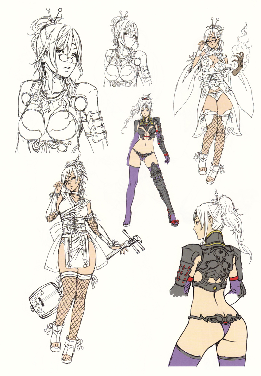 absurdres adjusting_eyewear armor ass back bikini_armor breasts butt_crack character_sheet choker claws cleavage closed_mouth collarbone covered_mouth cowboy_shot detached_sleeves elbow_gloves face_mask fishnet_legwear fishnets flat_color from_behind full_body fuuun_ishin_dai_shogun glasses gloves hair_ornament hair_stick hattori_kiriko headband high_ponytail highres holding holding_instrument instrument japanese_clothes kimono legs legs_apart legs_together light_smile long_hair looking_at_viewer mask medium_breasts midriff official_art open_toe_shoes partially_colored pelvic_curtain pince-nez ponytail purple_gloves purple_legwear ribbon rimless_eyewear round_eyewear scan shamisen shoes short_kimono simple_background smile thighhighs upper_body white_background wide_sleeves yamashita_shun'ya